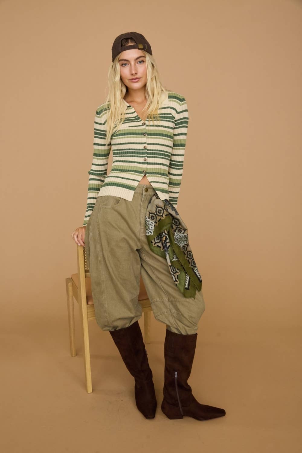 Striped Ribbed Polo Collar Button Knit Top - Dottie Dottie