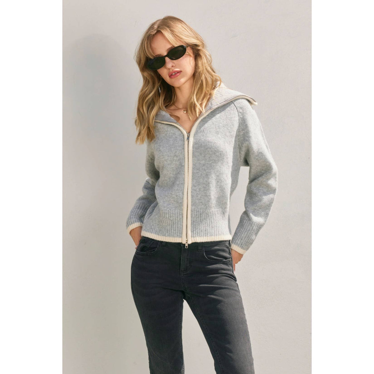 Sailor Collar Contrast Zip Up Cardigan