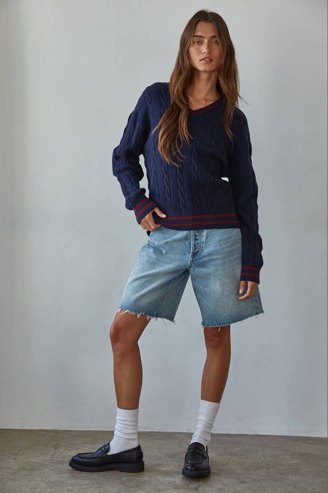 Knit Cable Sweater V-Neck Long Sleeve Pullover Top - By together