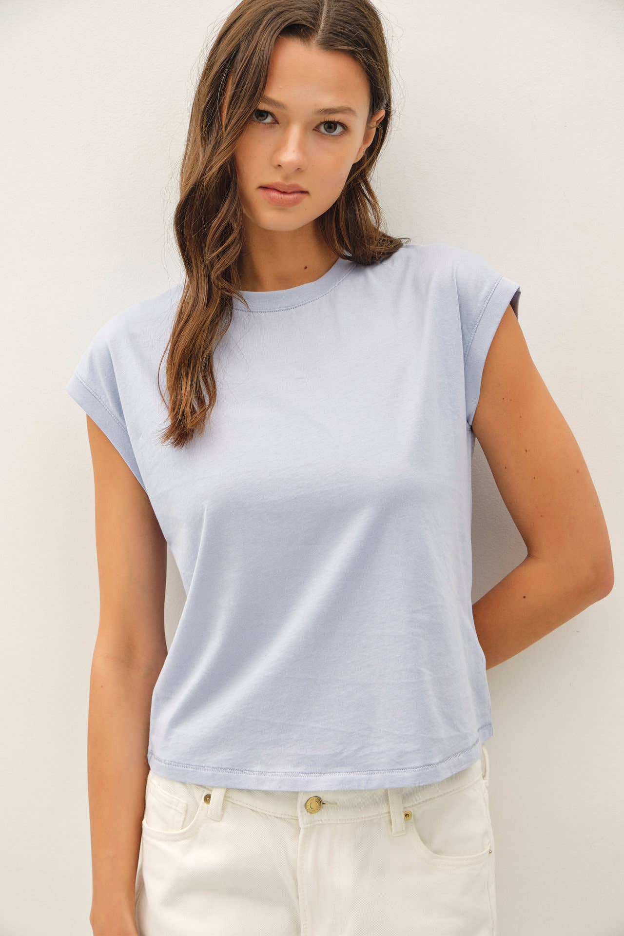Be Cool - GARMENT DYED COTTON CAP SLEEVE CREW NECK