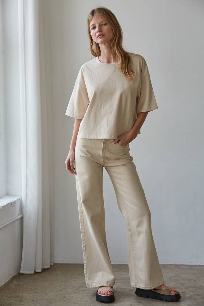 By Together - L8688 | Knit Cotton Crew Neck Drop Shoulder Short Sleeve Top