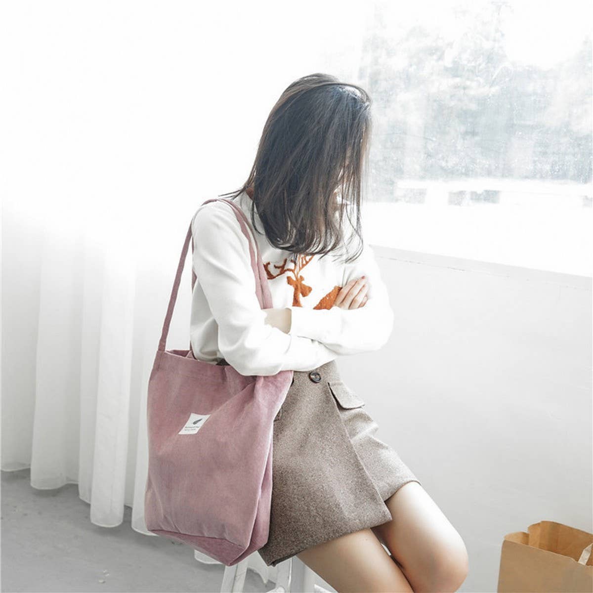 CORDUROY SNAP-BUTTON LARGE-CAPACITY SHOULDER BAG - NINEXIS