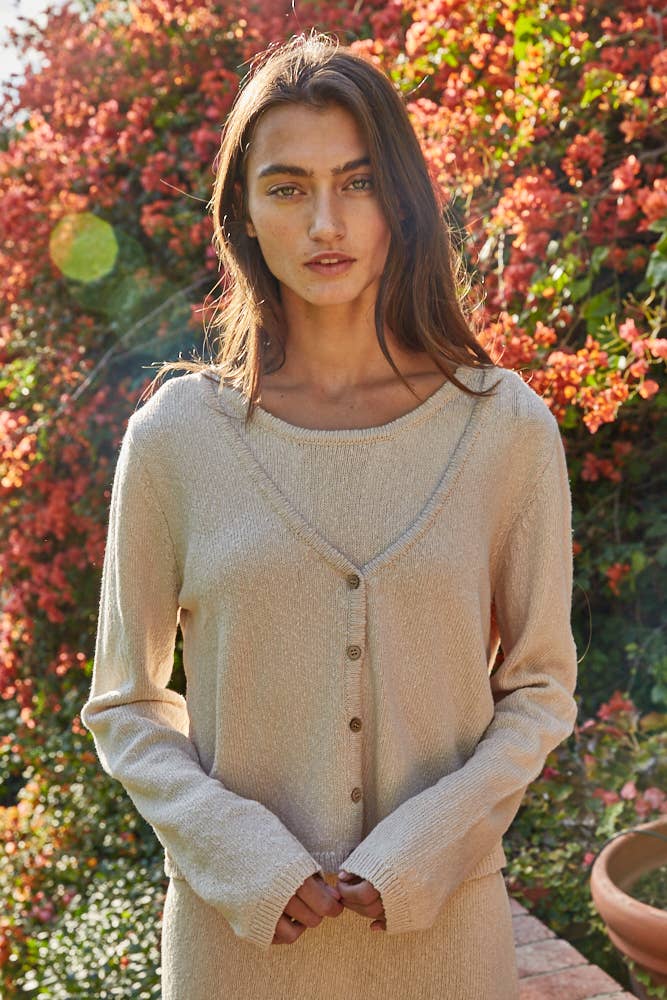By Together - W2522T | Knit Sweater Cotton Button Down V-Neck Cardi