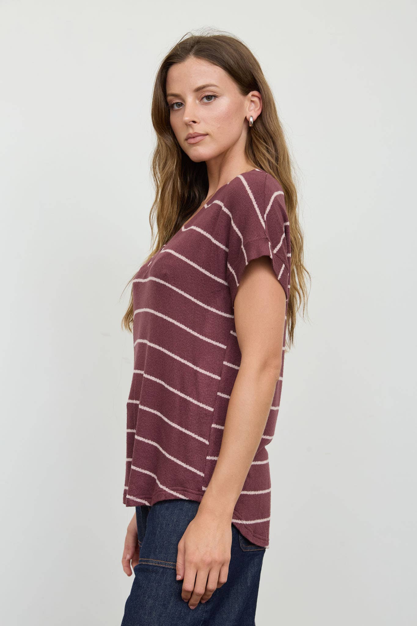 STRIPE V NECK CUFFED SLEEVE KNIT TOP - Blu Pepper