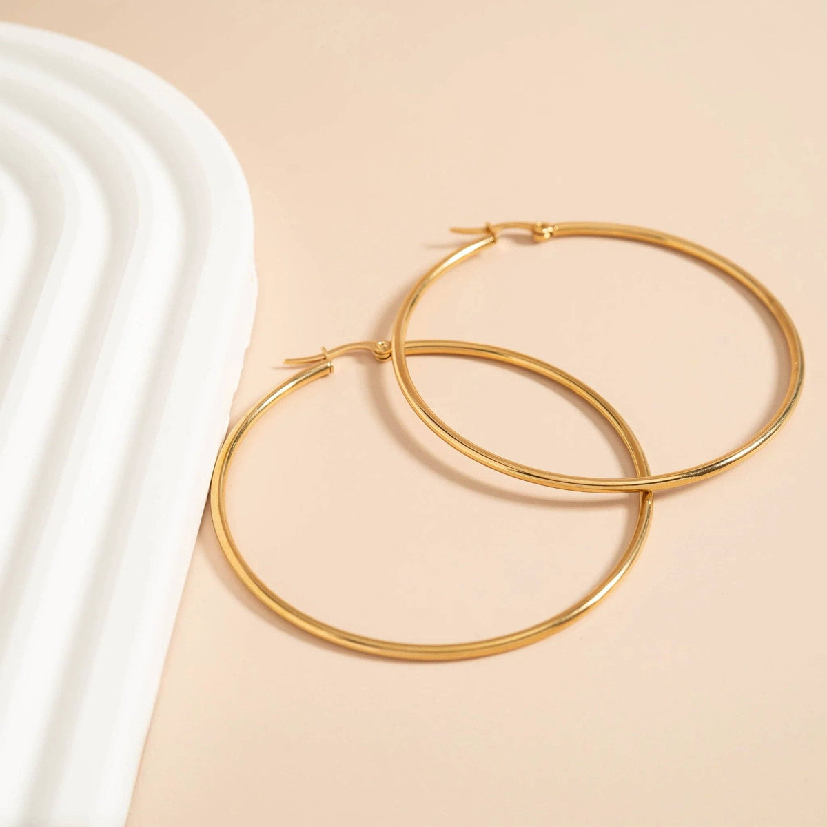 18K Gold PVD Stainless Steel Round Tube Hoop Earrings - WJW