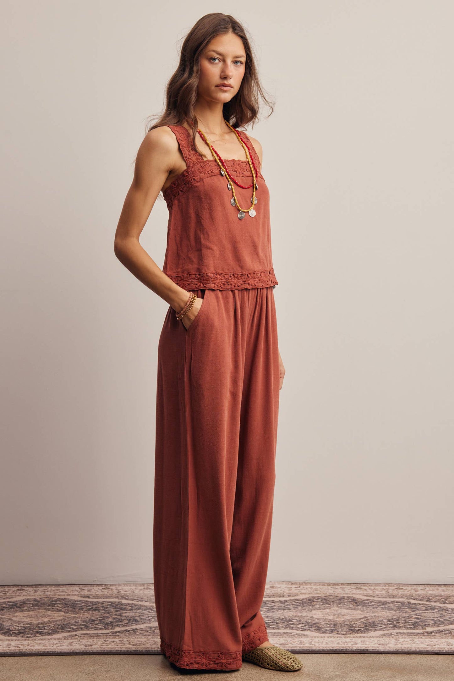 Embroidered Square-Neck Tank & Wide-Leg Pants Set FSET011
