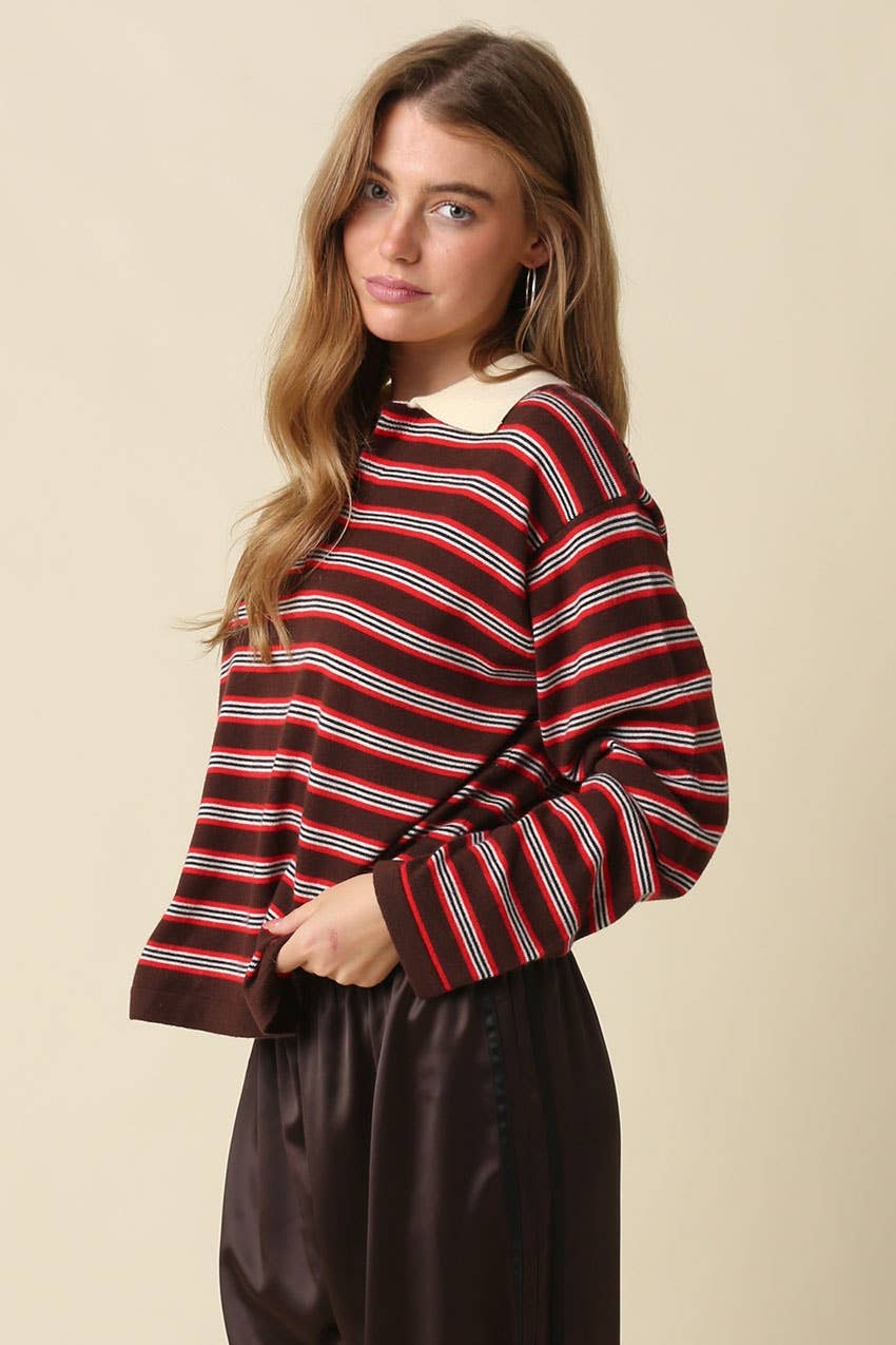 Lena Stripe Collared Knit Top - Olivaceous