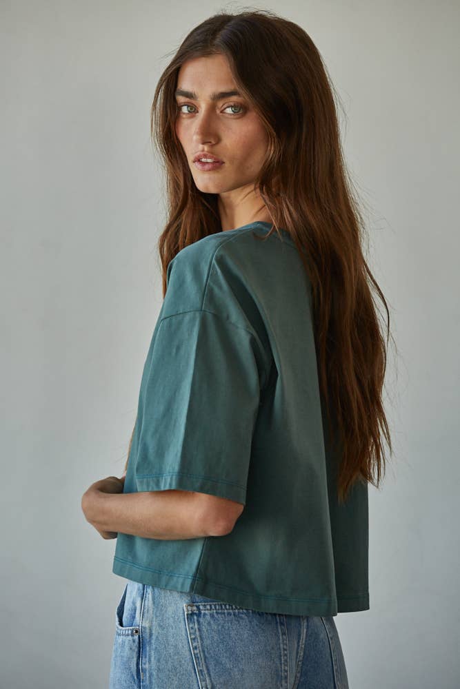 By Together - L8688 | Knit Cotton Crew Neck Drop Shoulder Short Sleeve Top