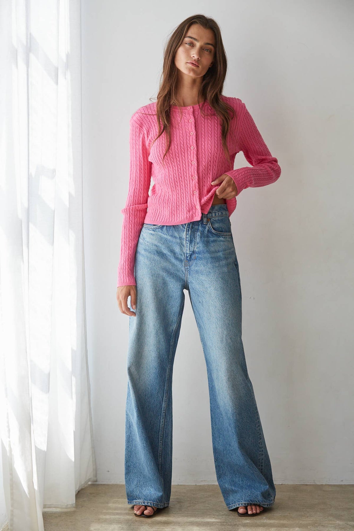 Knit Cable Sweater Cotton Button Down Cardigan Top - By Together