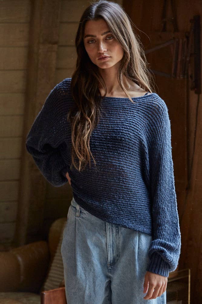 Sweater Knit Crochet Round Neck Long Sleeve Top - By Together