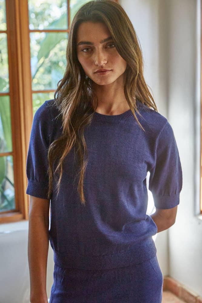 By Together - W2448T | Knit Sweater Round Neck Short Sleeve Top