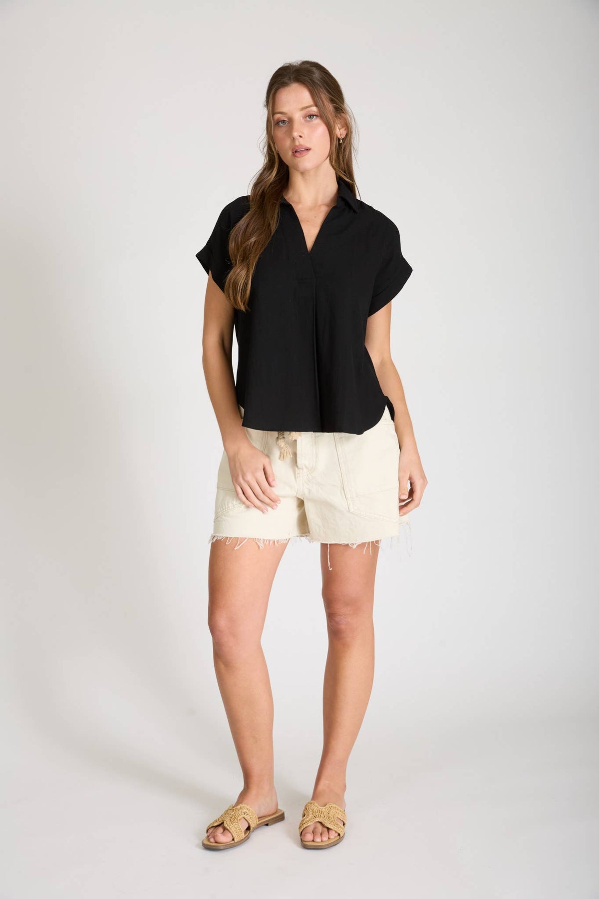 COLLARED SPLIT NECK CUFF SLEEVE U HEM LINEN TOP - Blu Pepper