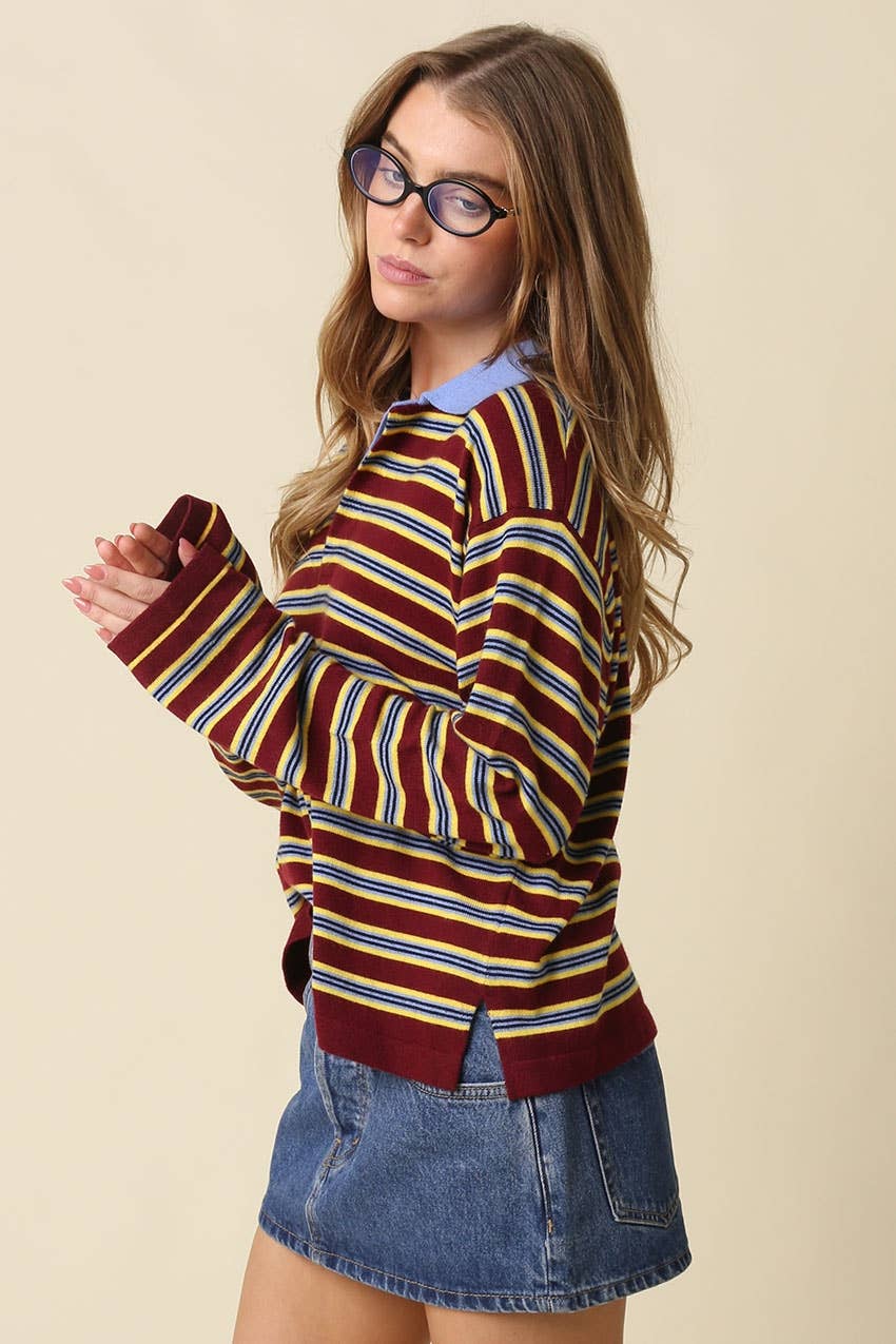 Lena Stripe Collared Knit Top - Olivaceous