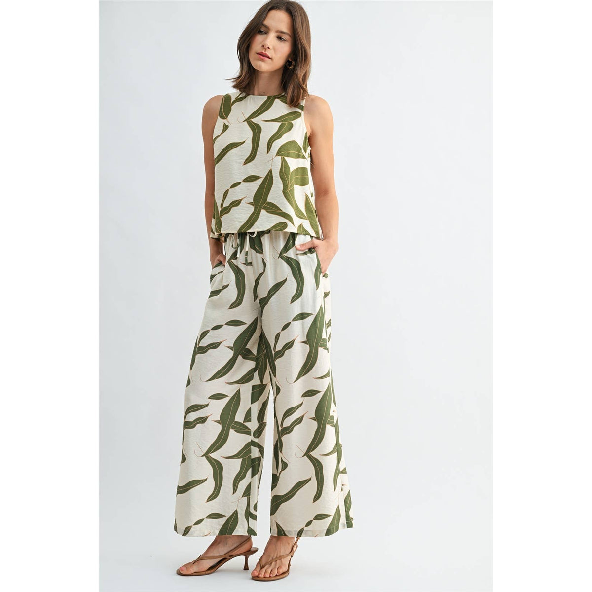 FUN2FUN - LEAF PRINT ELASTIC WAIST WIDE PANTS