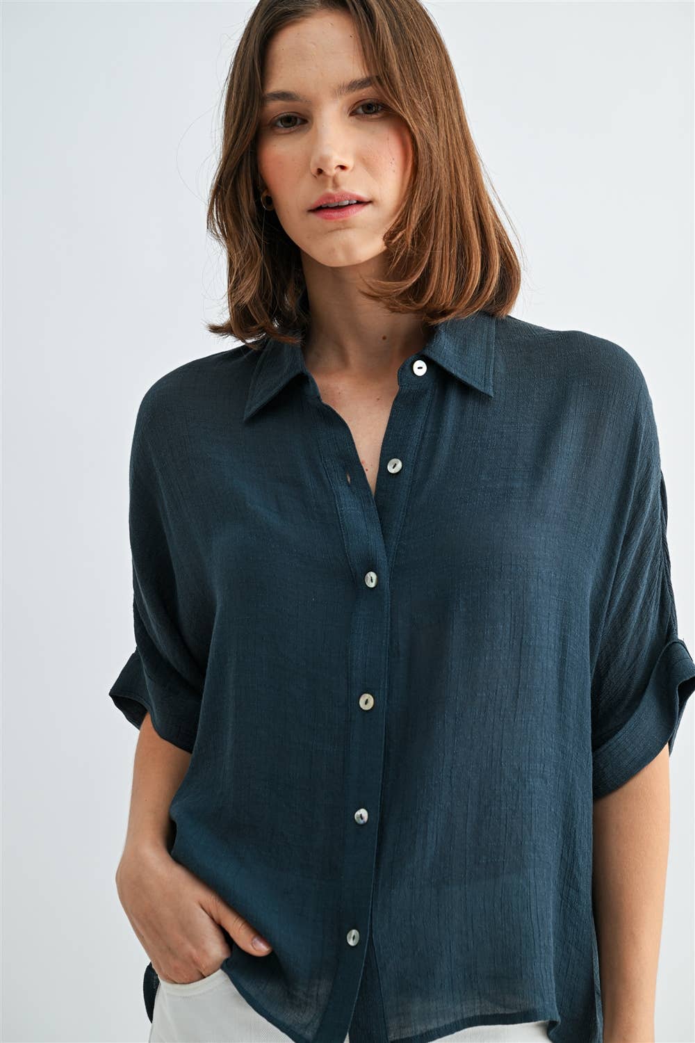 BUTTON DOWN DOLMAN SHORT SLEEVE TOP
