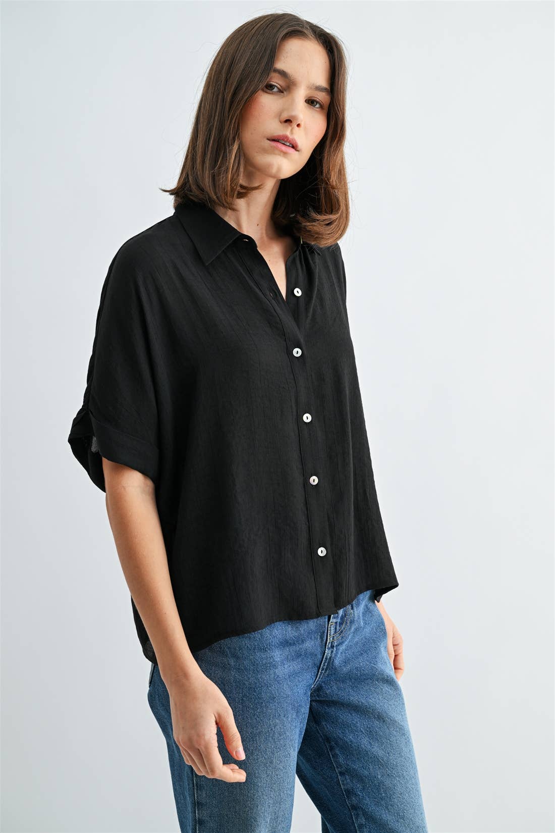 BUTTON DOWN DOLMAN SHORT SLEEVE TOP