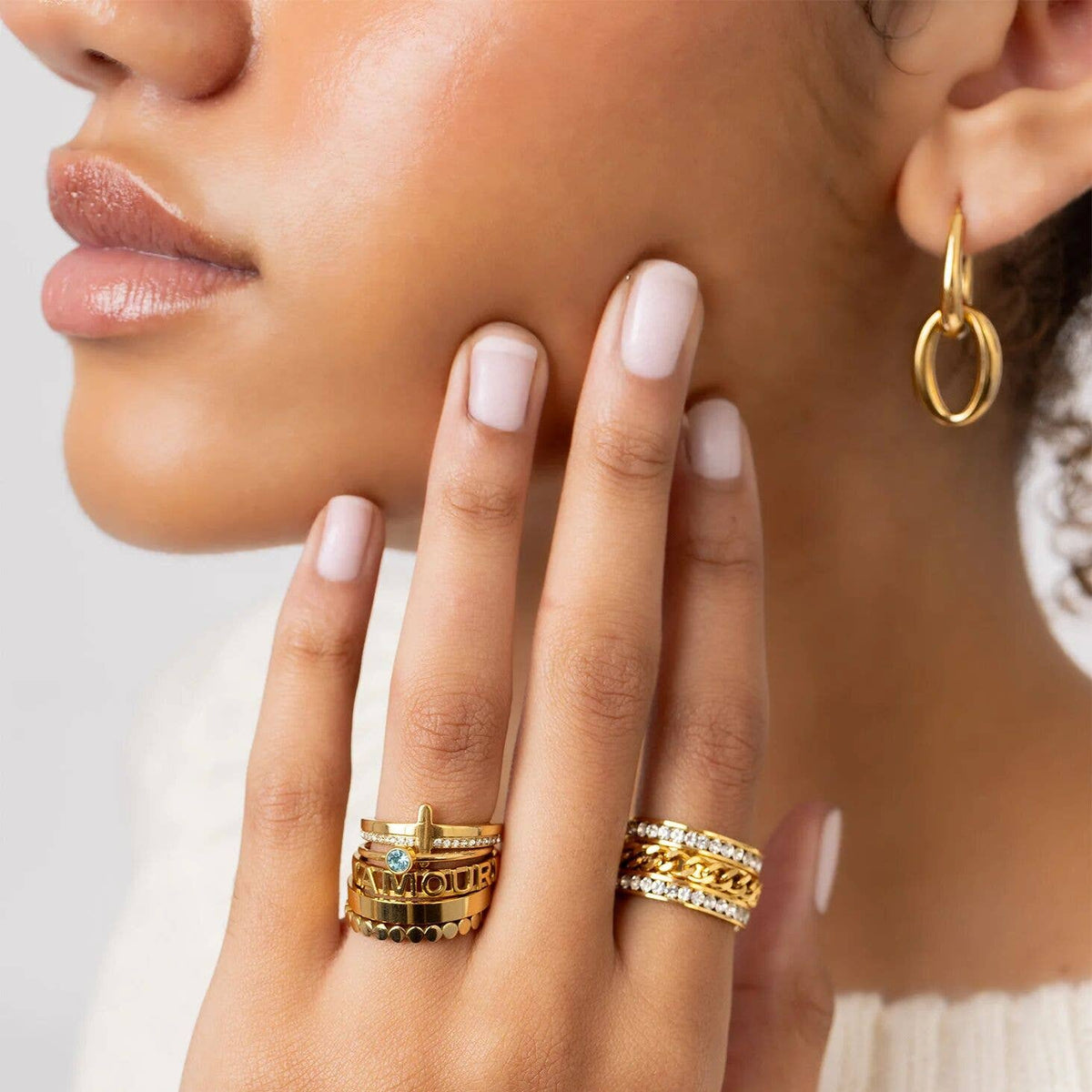 18K Gold PVD Stainless Steel Double Hoop Dangle Earrings - WJW