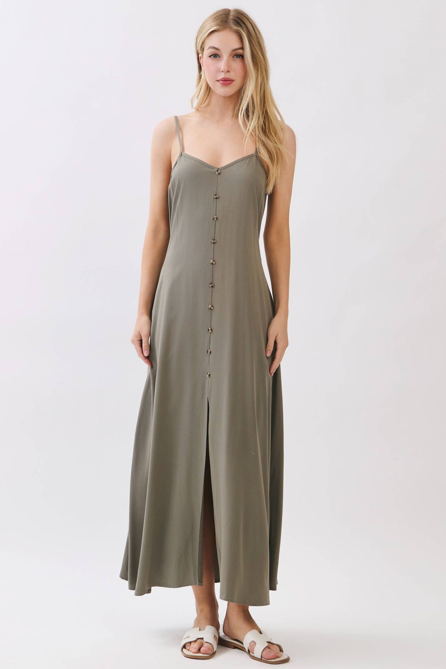 FLOWY DRESS WITH BUTTONED TRIM AND SLIT - VND40209E8