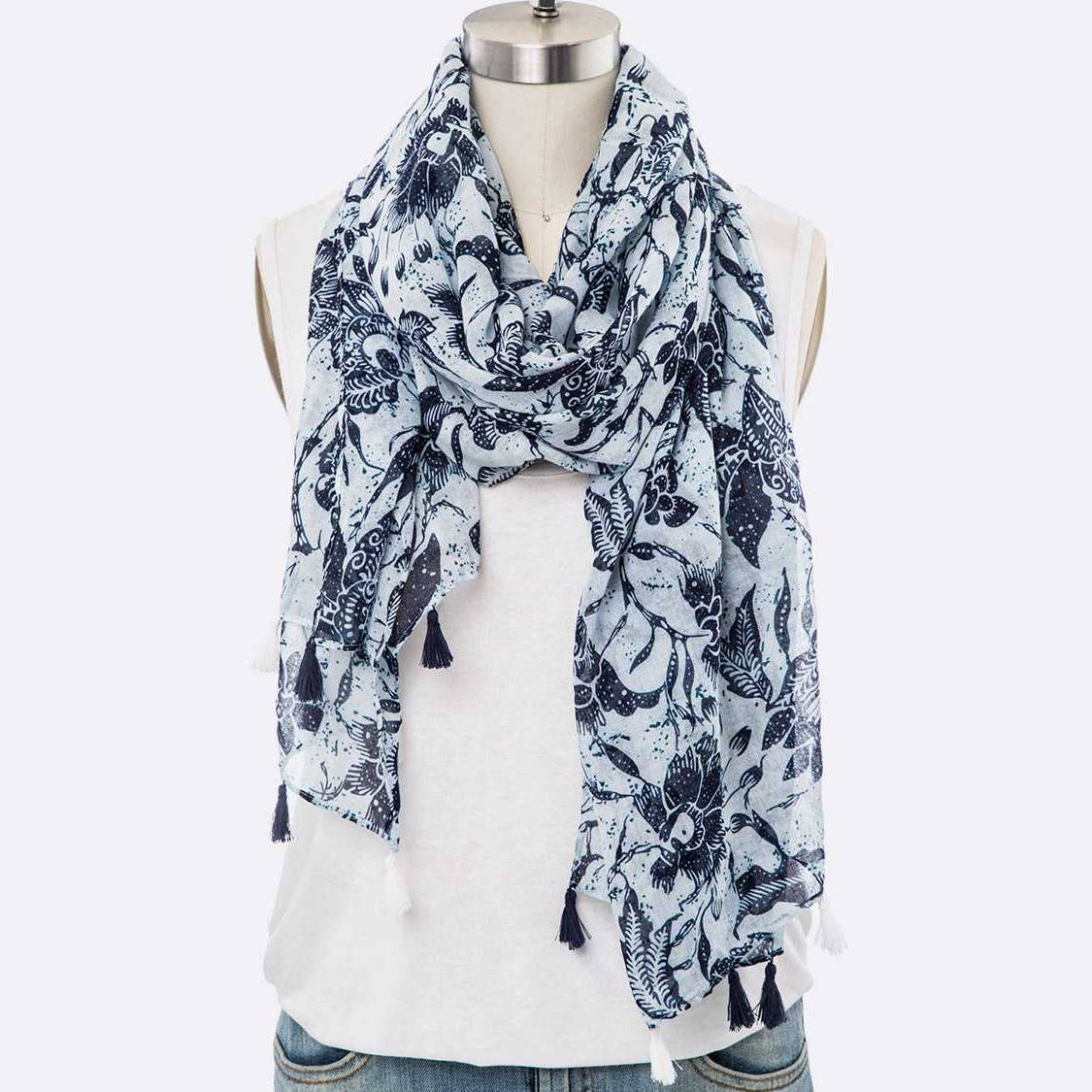 Artini Accessories - Floral Print Large Tassel Scarf