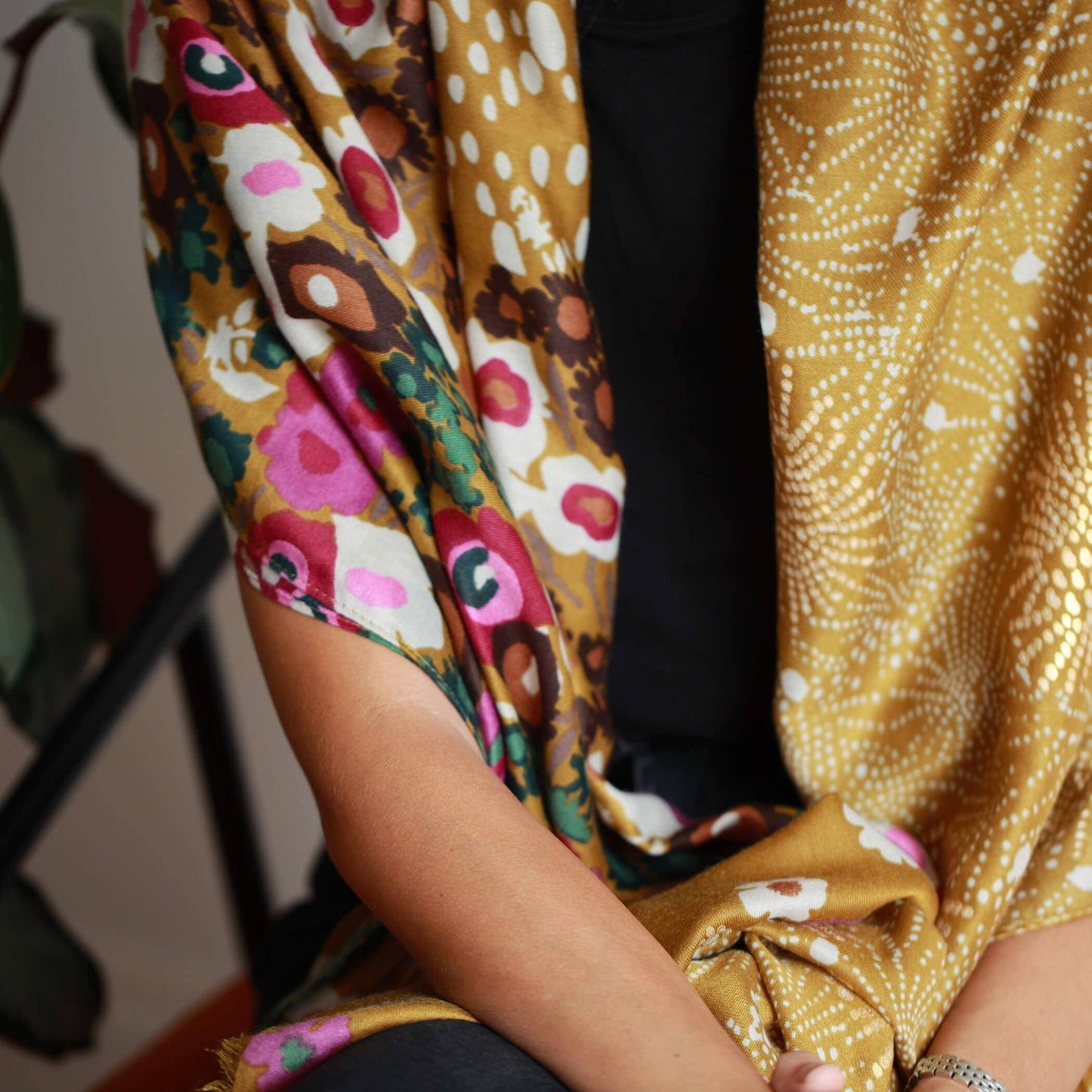 Studio Hop - Purple Poppy Dotty Stars Gold Foliage Scarf
