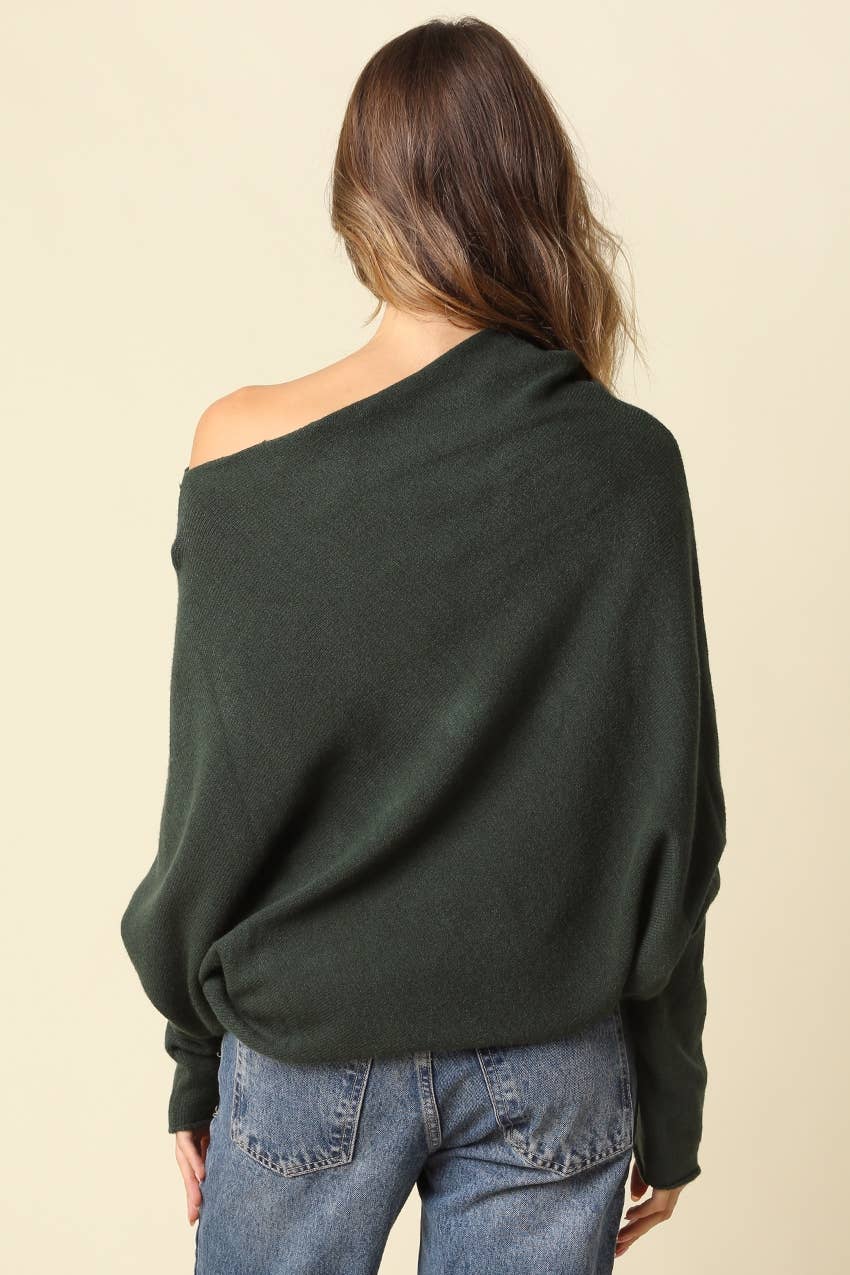 Amar Asymmetric Off-Shoulder Sweater - Olivaceous