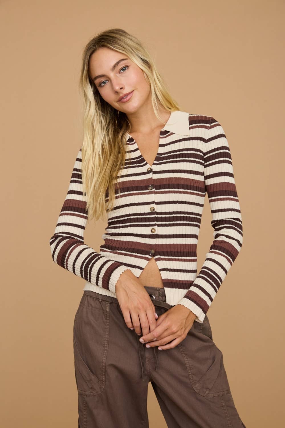 Striped Ribbed Polo Collar Button Knit Top - Dottie Dottie