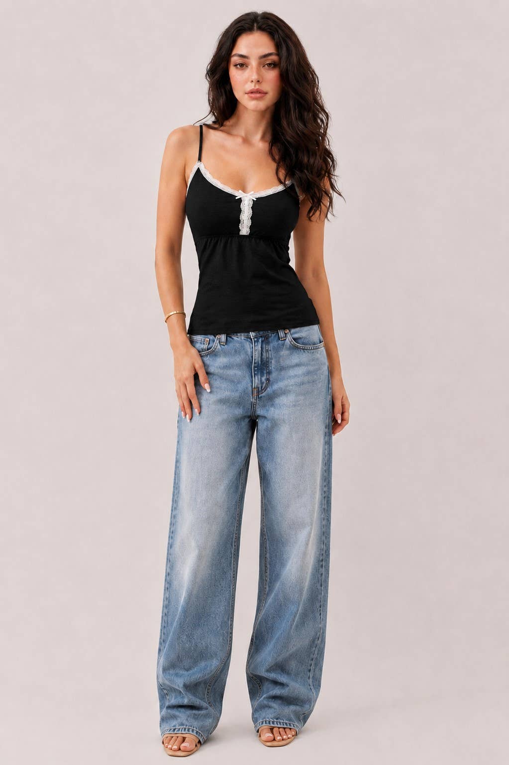 JC57013A - BABYDOLL LACE TRIMMED CAMISOLE WITH BABY BUTTONS