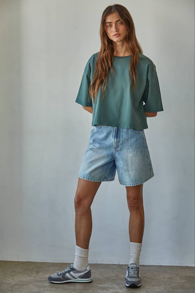 By Together - L8688 | Knit Cotton Crew Neck Drop Shoulder Short Sleeve Top