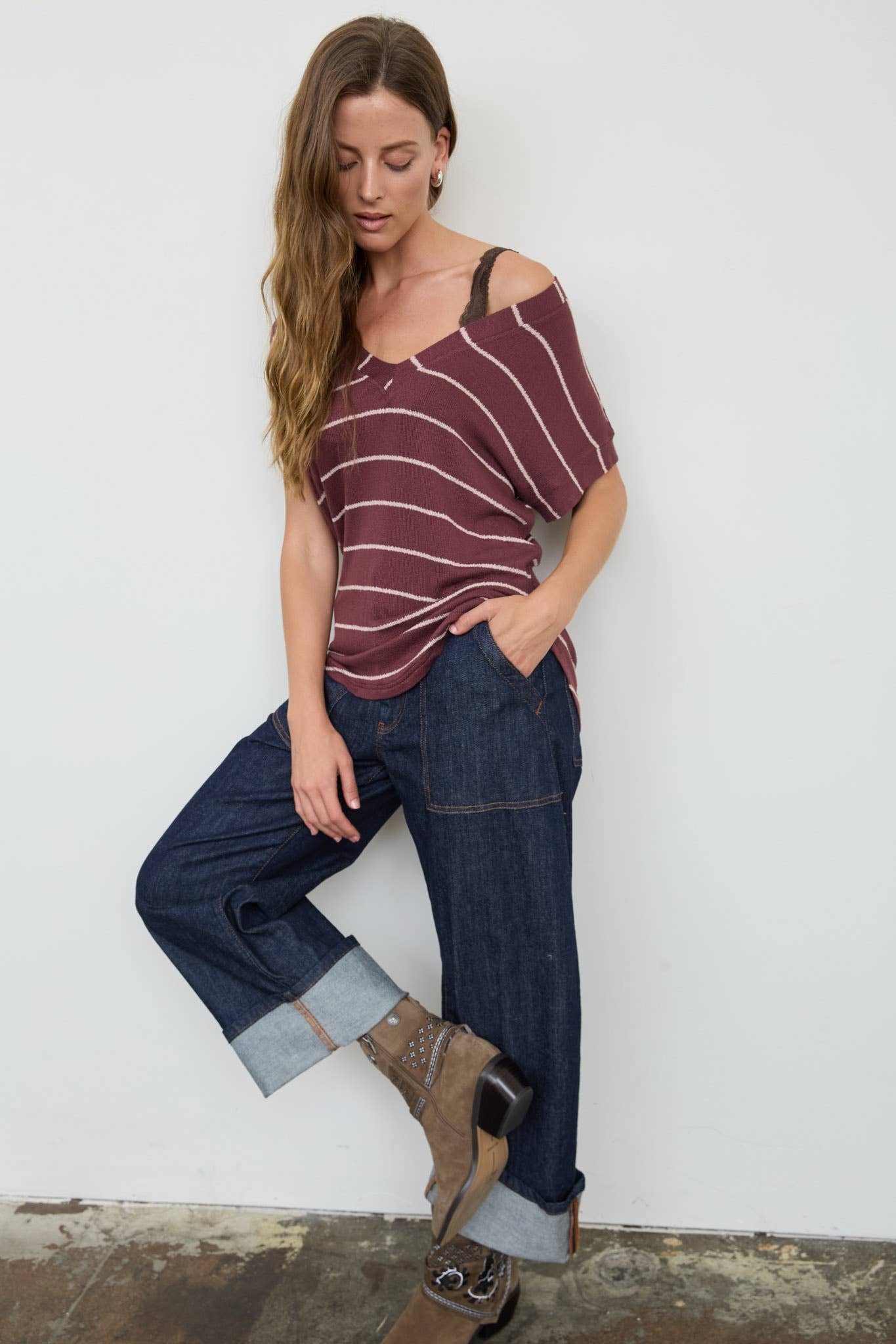 STRIPE V NECK CUFFED SLEEVE KNIT TOP - Blu Pepper