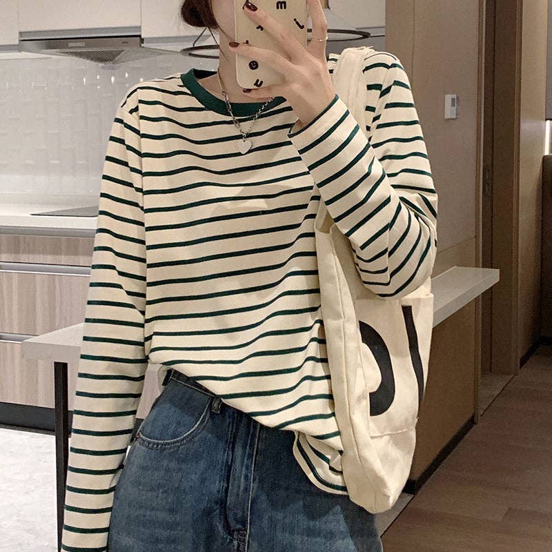 Striped Loose Fit Long Sleeve T-Shirt - Sheer Trend