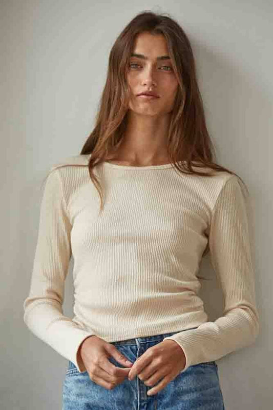 By Together - RJ3536 | Knit Ribbed Long Sleeve Side Ruching Top