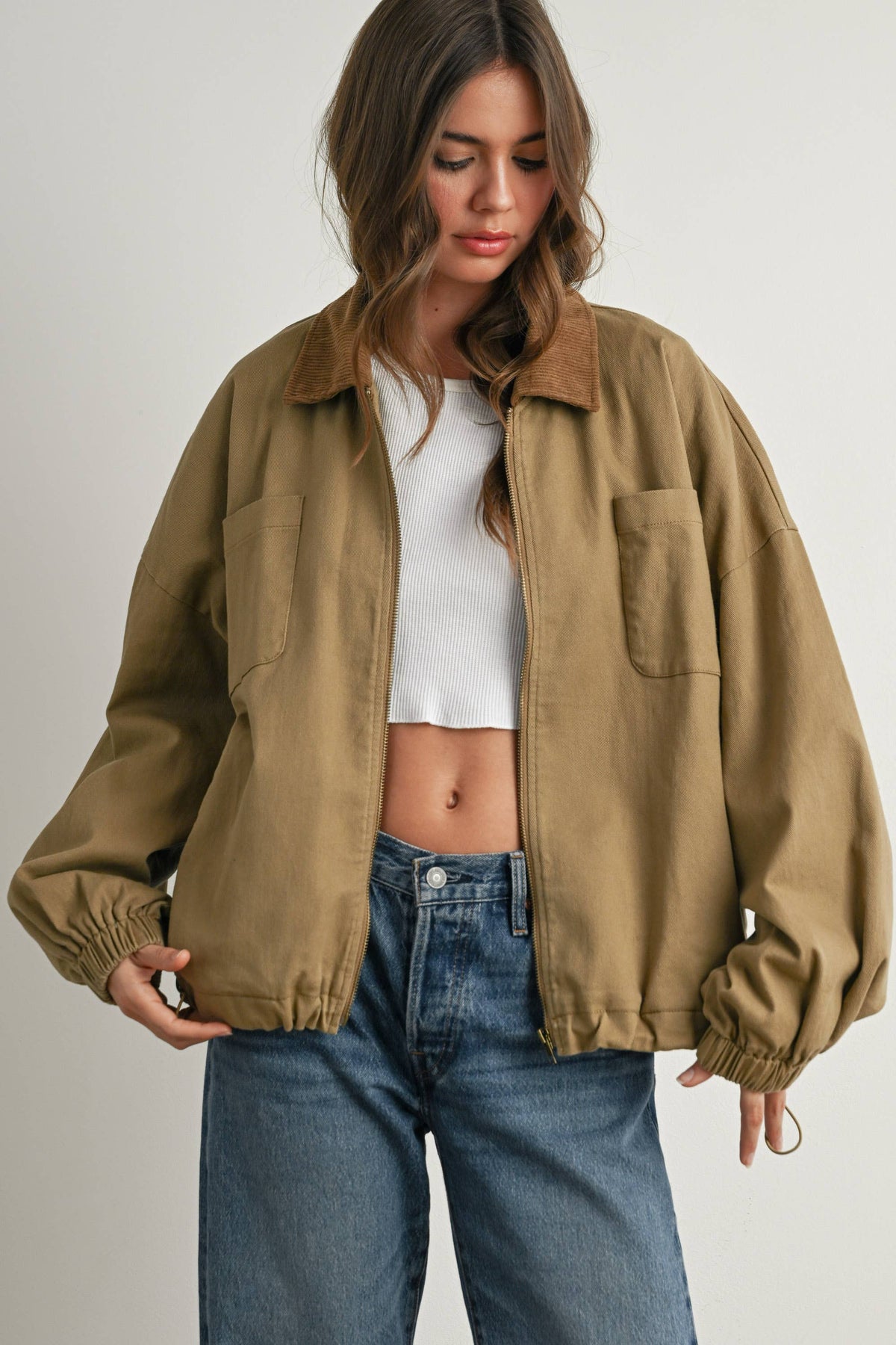 BUTTERMELON - Cord Collar Zip-Front Long Sleeve Jacket - BMJ7780