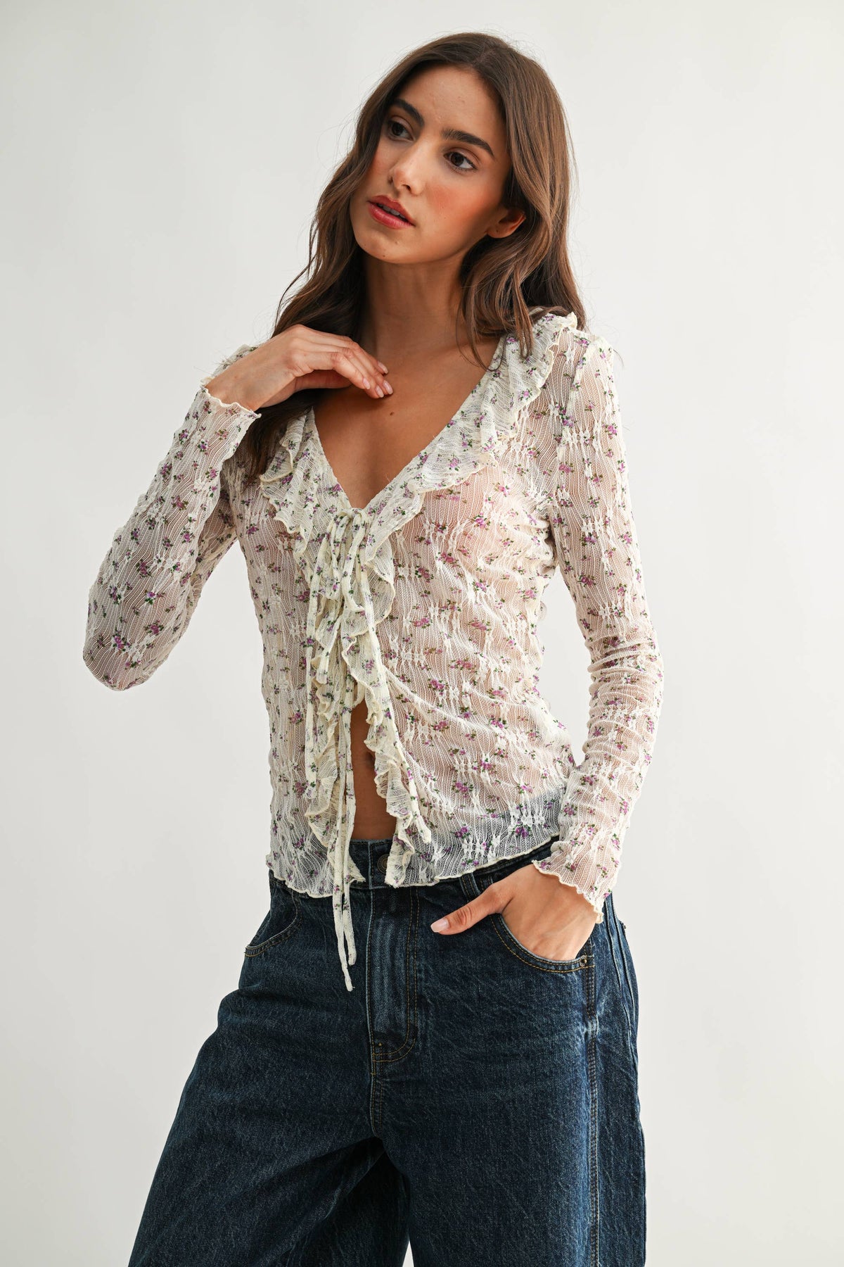 Sheer Floral Lace Long Sleeve Blouse - Camellia