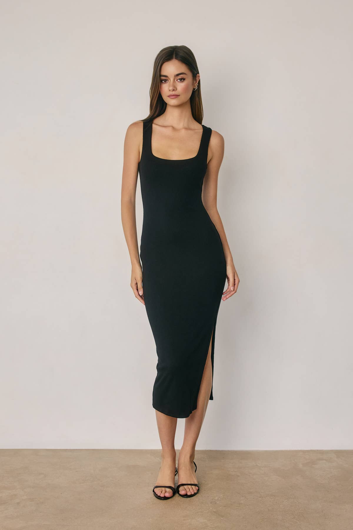 Ribbed Knit Square Neck Bodycon Midi Dress