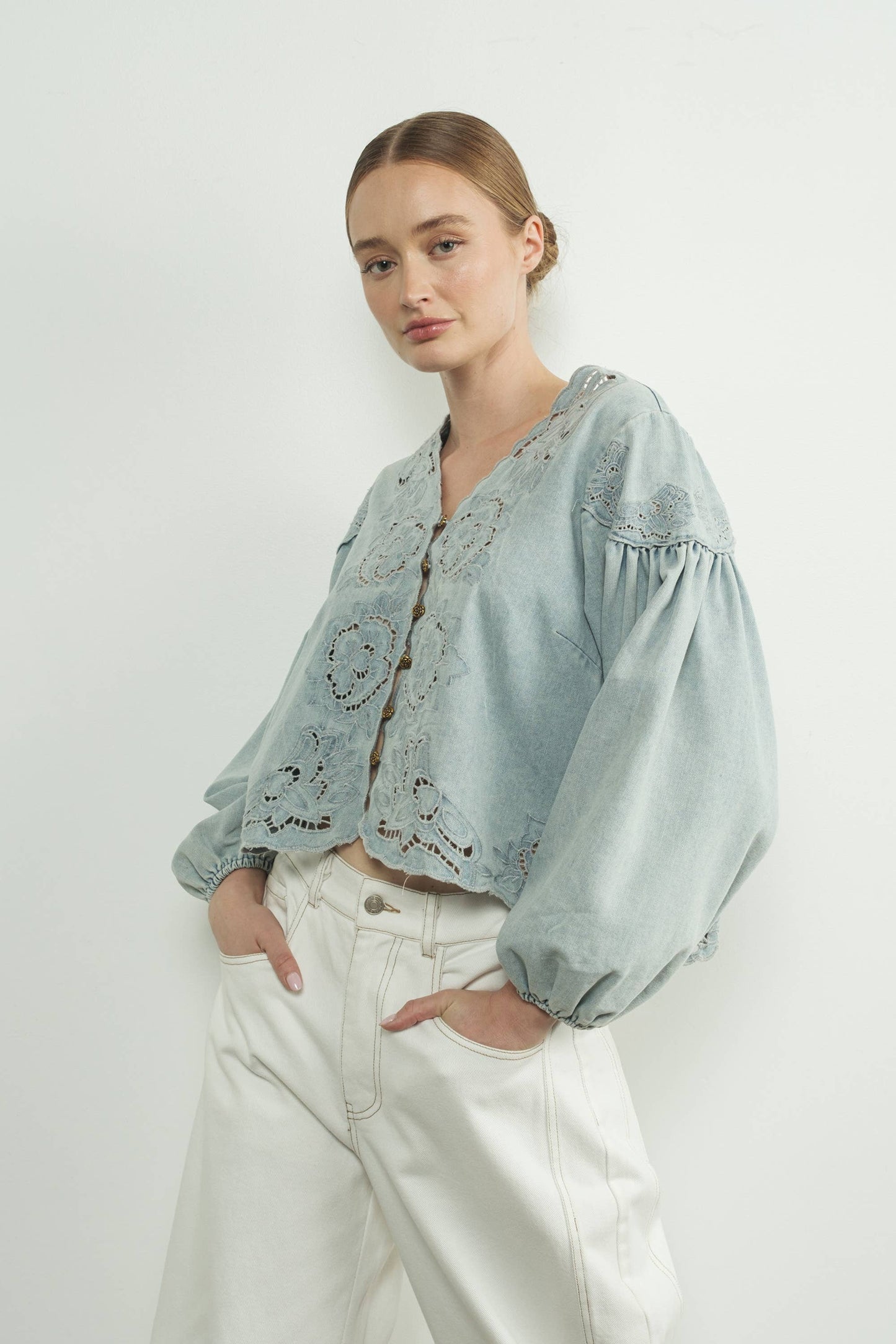 Aaron & Amber - MAT2892 DENIM EMBROIDERY VOLUME SLEEVE BLOUSE TOP