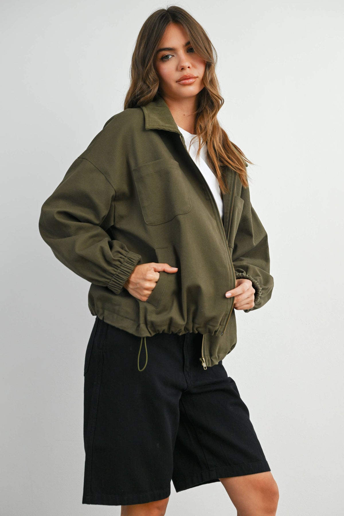BUTTERMELON - Cord Collar Zip-Front Long Sleeve Jacket - BMJ7780