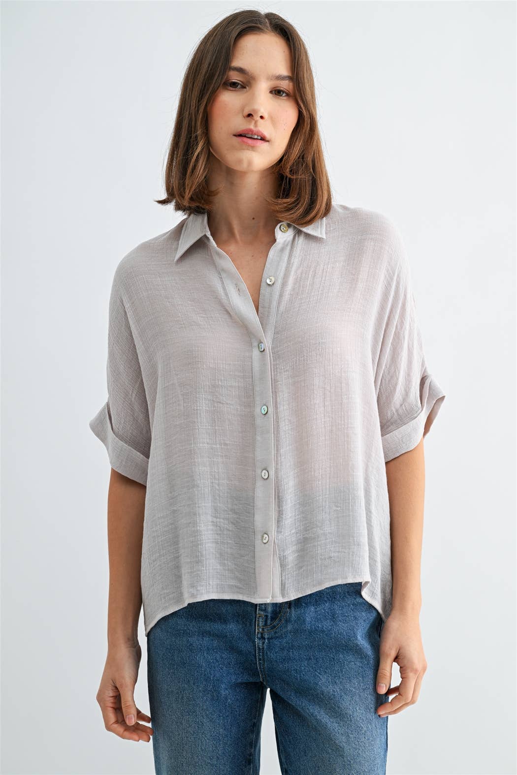 BUTTON DOWN DOLMAN SHORT SLEEVE TOP