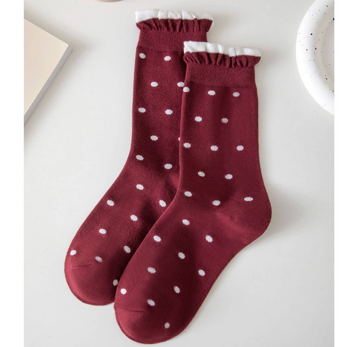 WOMEN PLAID DOT RUFFLE SLOUCH CREW SOCKS - NINEXIS