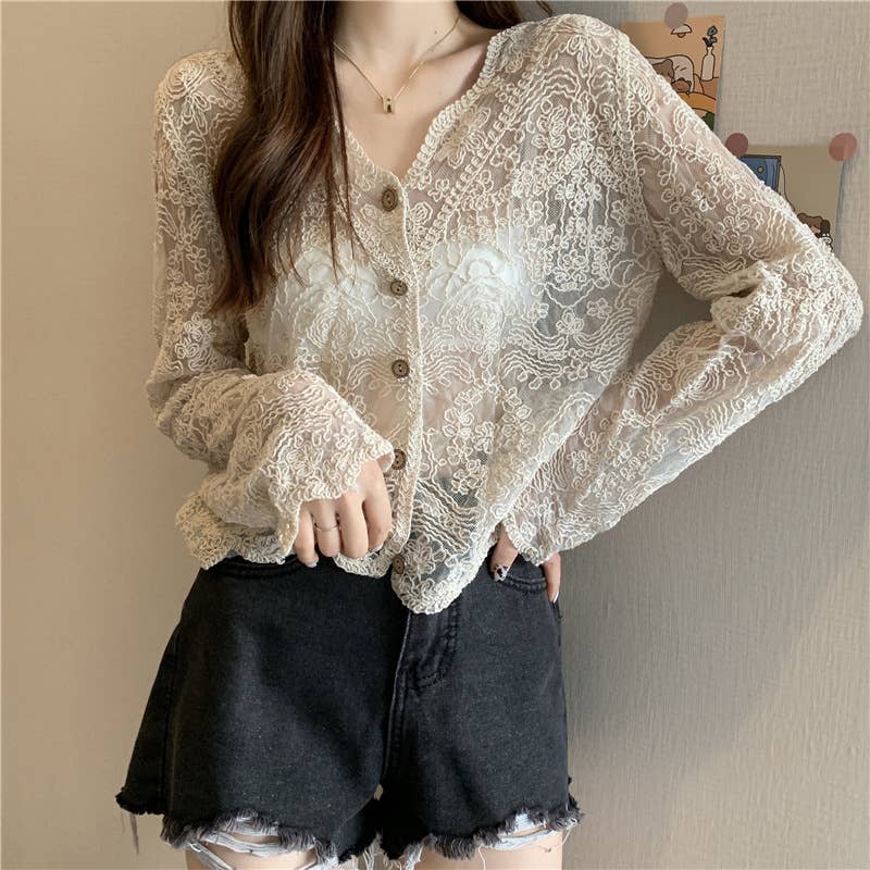 Hope & Sunshine - Crochet Cutout Long Sleeve Lace Mesh Top