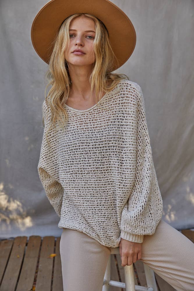 Sweater Knit Crochet Round Neck Long Sleeve Top - By Together