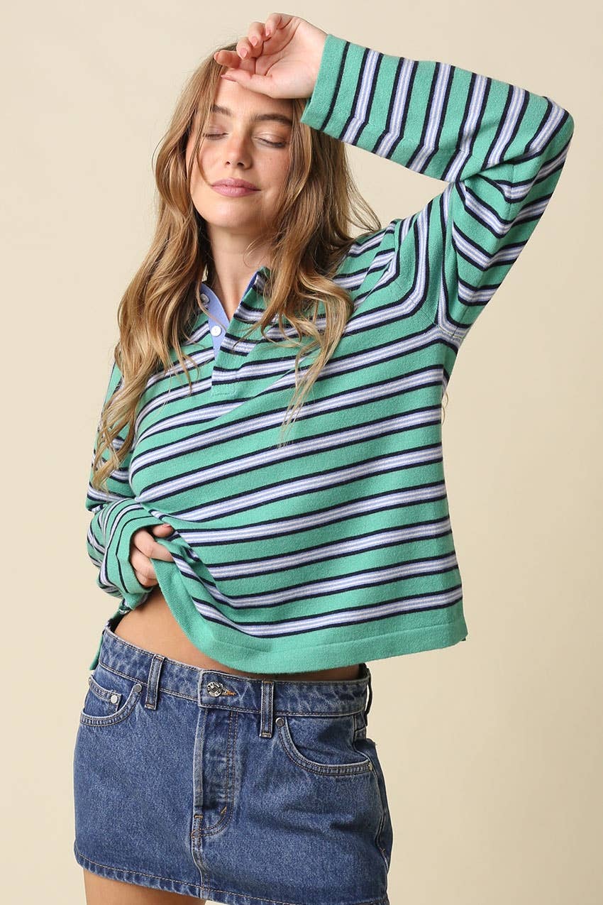 Lena Stripe Collared Knit Top - Olivaceous