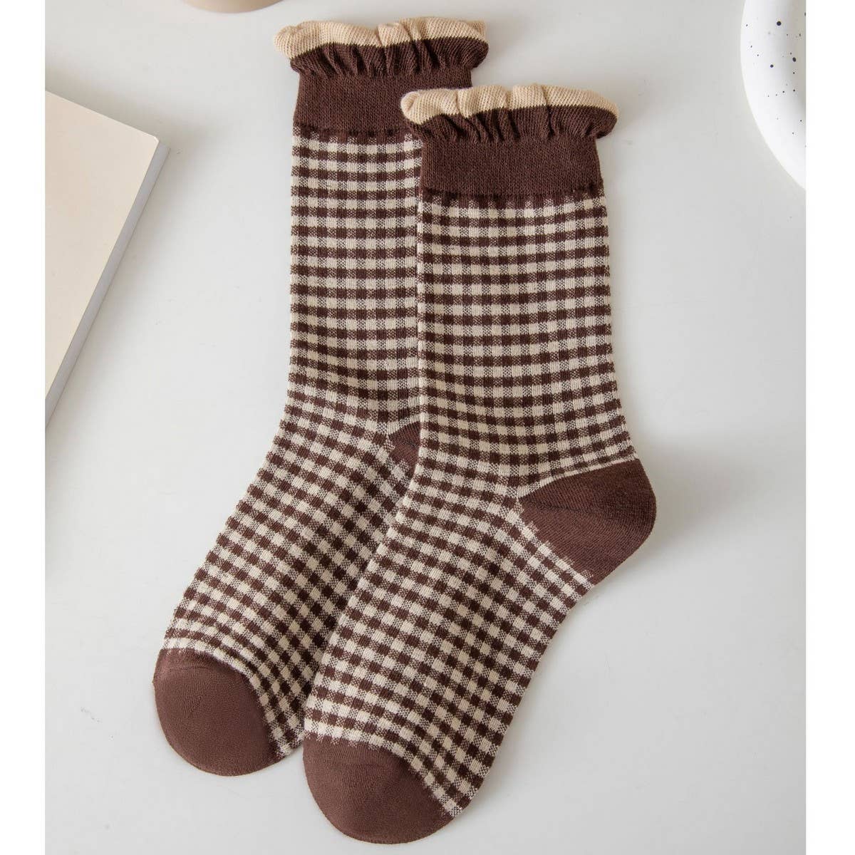 WOMEN PLAID DOT RUFFLE SLOUCH CREW SOCKS - NINEXIS