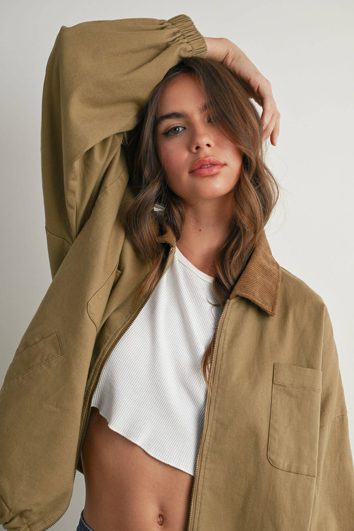 BUTTERMELON - Cord Collar Zip-Front Long Sleeve Jacket - BMJ7780