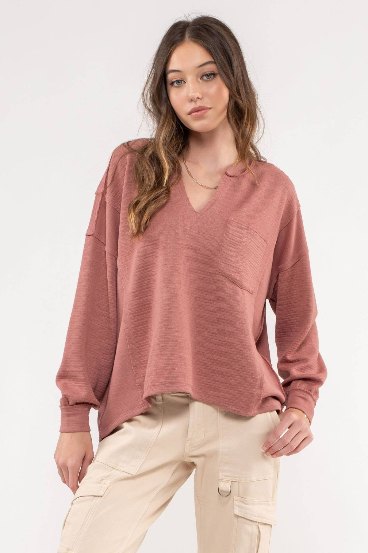 SOLID PATCHWORK SPLIT NECK KNIT TOP - Blu Pepper
