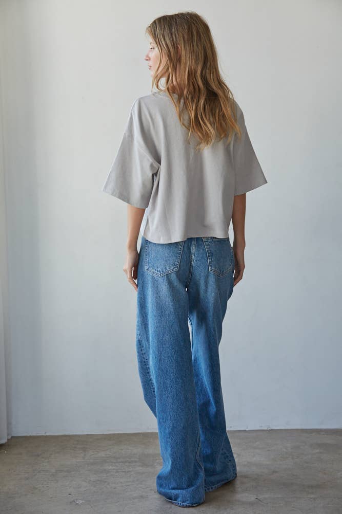 By Together - L8688 | Knit Cotton Crew Neck Drop Shoulder Short Sleeve Top