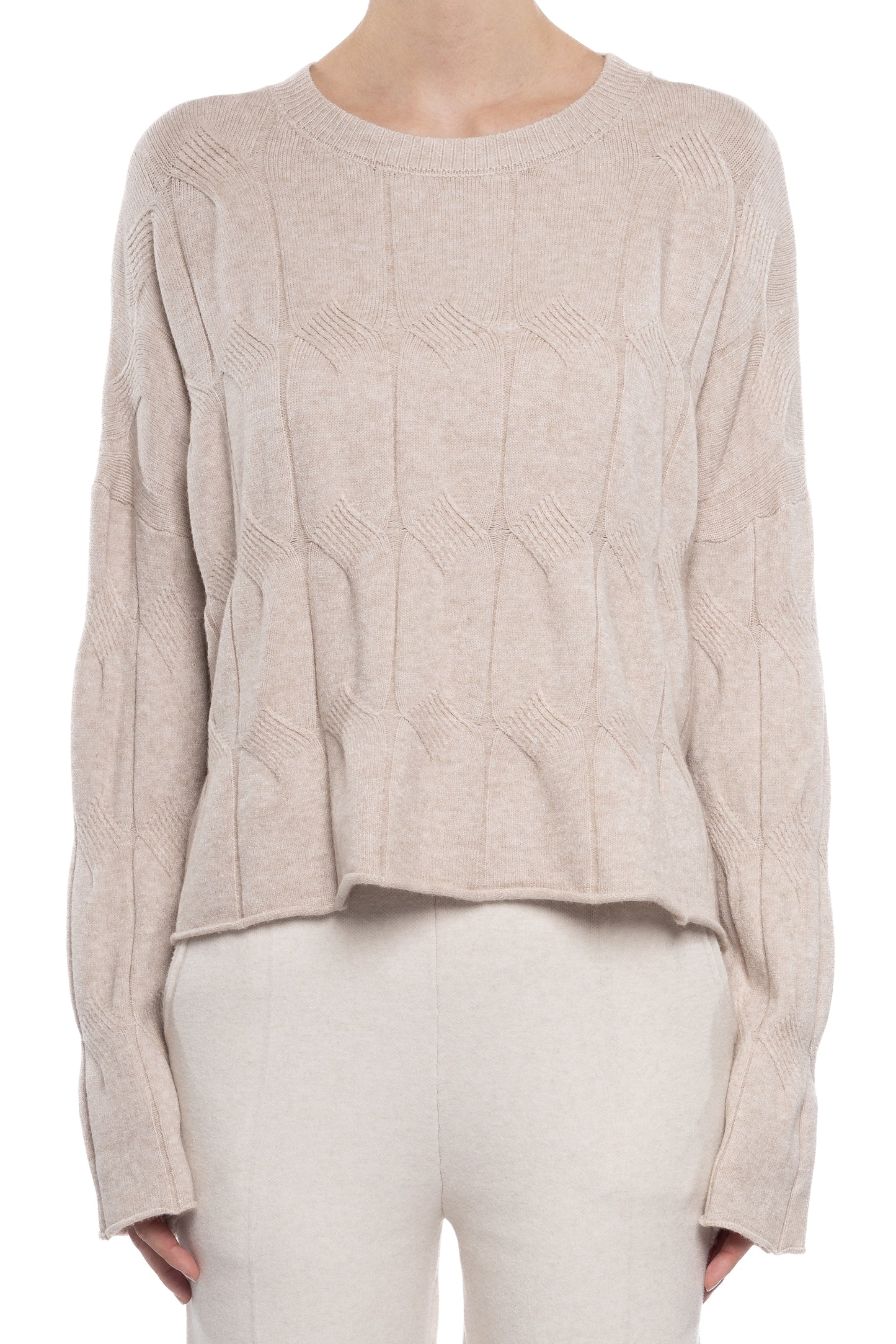CREW NECK PATTERN WEAVE CROP SWEATER