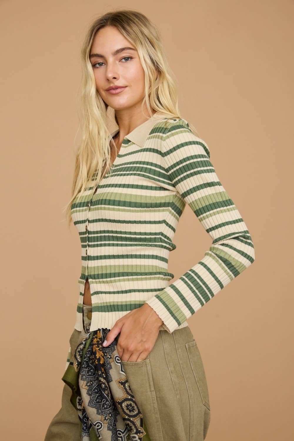 Striped Ribbed Polo Collar Button Knit Top - Dottie Dottie