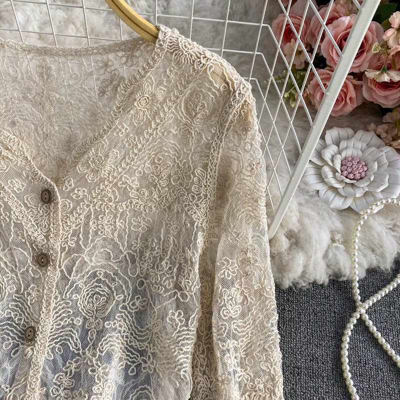 Hope & Sunshine - Crochet Cutout Long Sleeve Lace Mesh Top