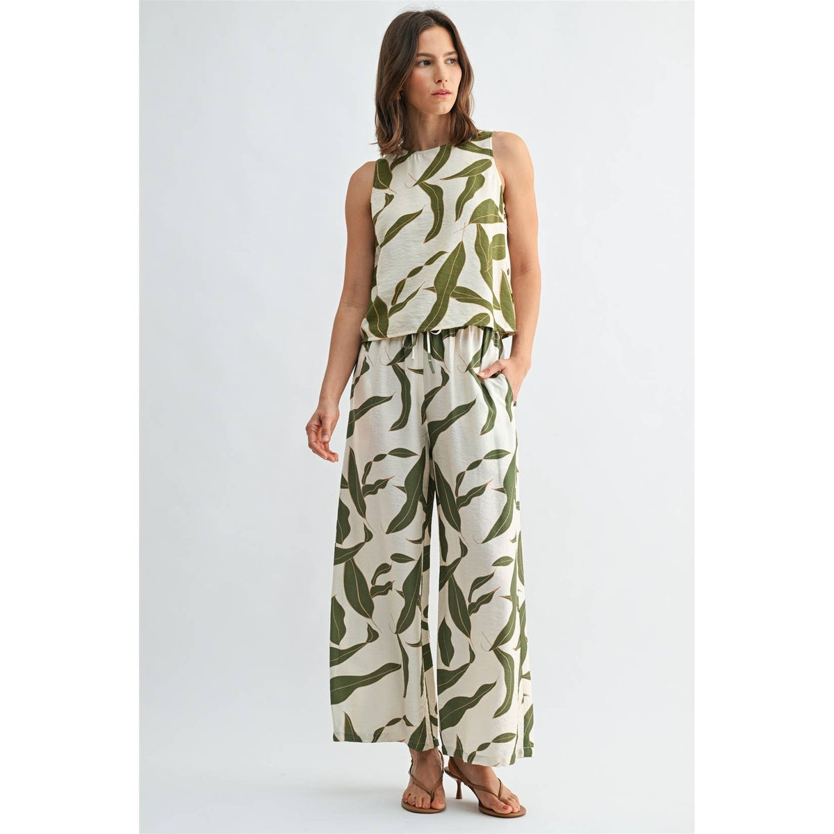 FUN2FUN - LEAF PRINT ELASTIC WAIST WIDE PANTS
