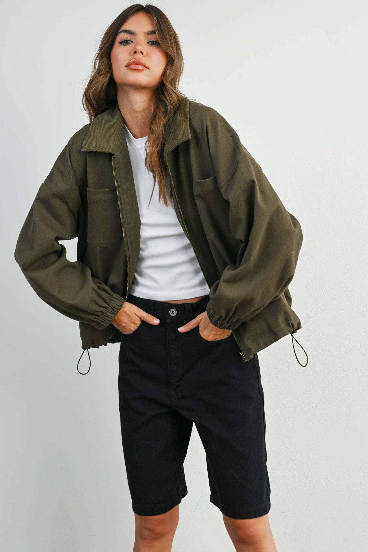 BUTTERMELON - Cord Collar Zip-Front Long Sleeve Jacket - BMJ7780